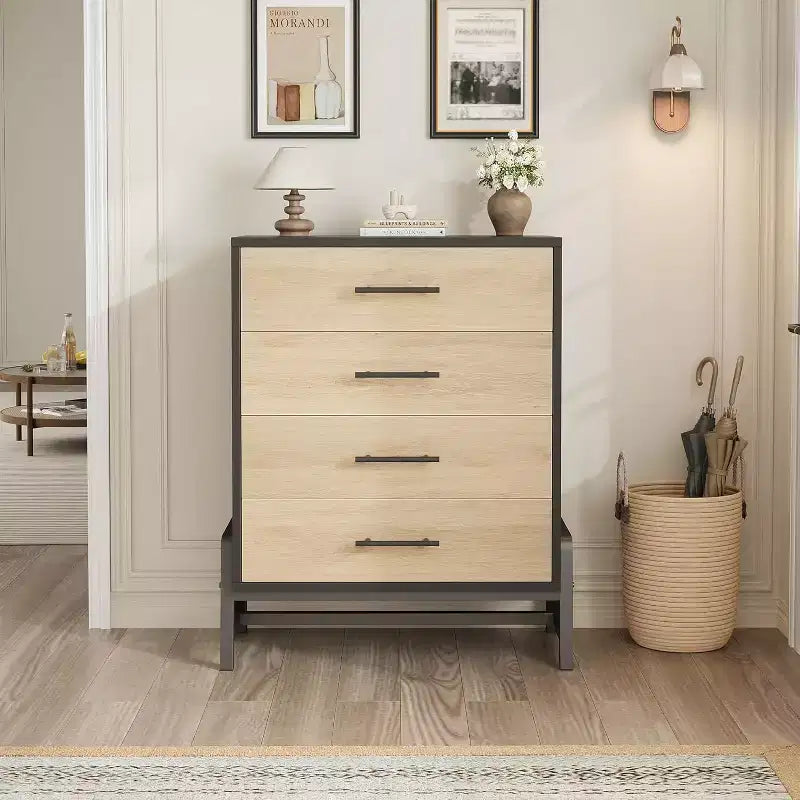 4-Drawer Tall Dresser, 38.6" Chest with Storage, Modern Wooden Dresser for Bedroom, Living Room, Entryway, Natural Oak + Black