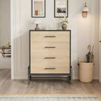 4-Drawer Tall Dresser, 38.6" Chest with Storage, Modern Wooden Dresser for Bedroom, Living Room, Entryway, Natural Oak + Black