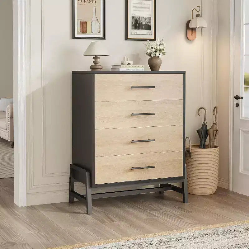 4-Drawer Tall Dresser, 38.6" Chest with Storage, Modern Wooden Dresser for Bedroom, Living Room, Entryway, Natural Oak + Black