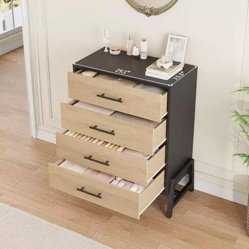 4-Drawer Tall Dresser, 38.6" Chest with Storage, Modern Wooden Dresser for Bedroom, Living Room, Entryway, Natural Oak + Black