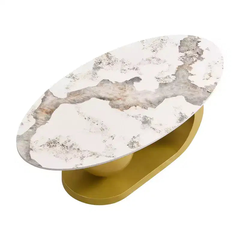 Modern Oval Coffee Table, Irregular Marble Center Table with Gold Steel Base for Living Room