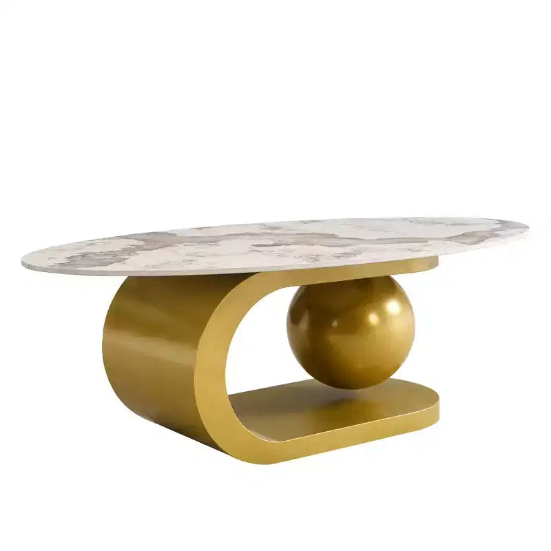 Modern Oval Coffee Table, Irregular Marble Center Table with Gold Steel Base for Living Room
