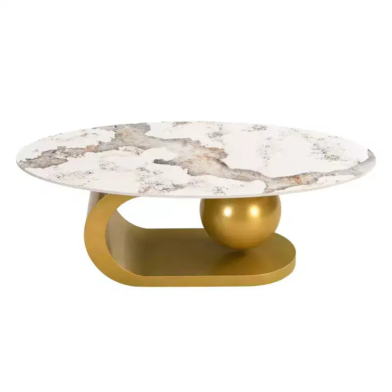 Modern Oval Coffee Table, Irregular Marble Center Table with Gold Steel Base for Living Room