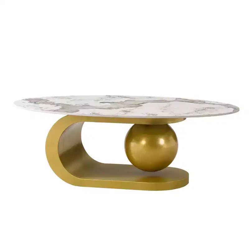 Modern Oval Coffee Table, Irregular Marble Center Table with Gold Steel Base for Living Room