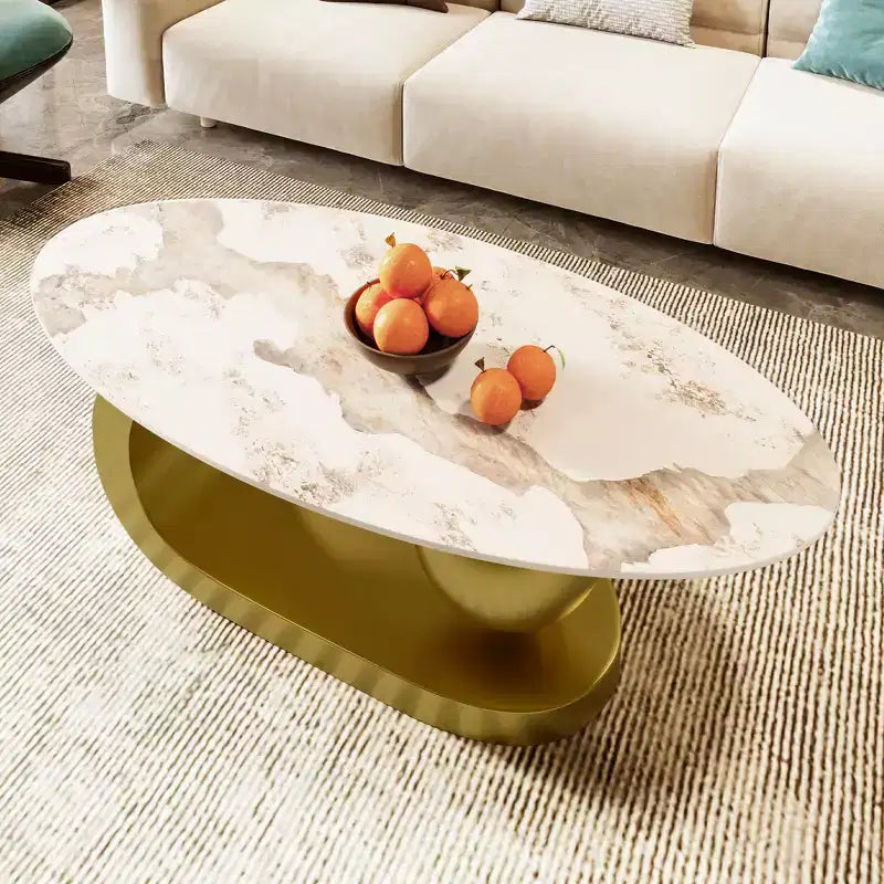 Modern Oval Coffee Table, Irregular Marble Center Table with Gold Steel Base for Living Room