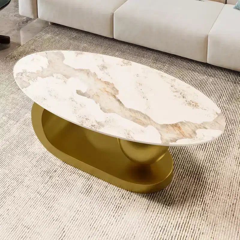 Modern Oval Coffee Table, Irregular Marble Center Table with Gold Steel Base for Living Room