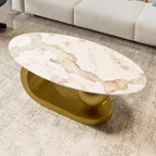 Modern Oval Coffee Table, Irregular Marble Center Table with Gold Steel Base for Living Room