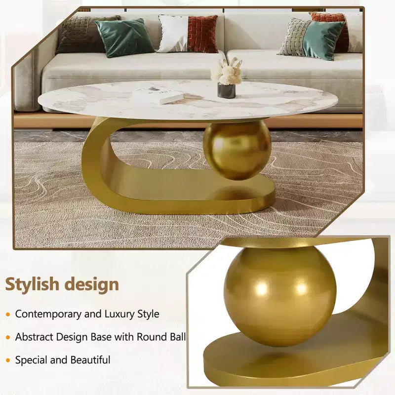 Modern Oval Coffee Table, Irregular Marble Center Table with Gold Steel Base for Living Room