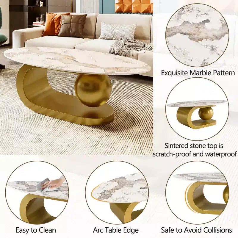 Modern Oval Coffee Table, Irregular Marble Center Table with Gold Steel Base for Living Room