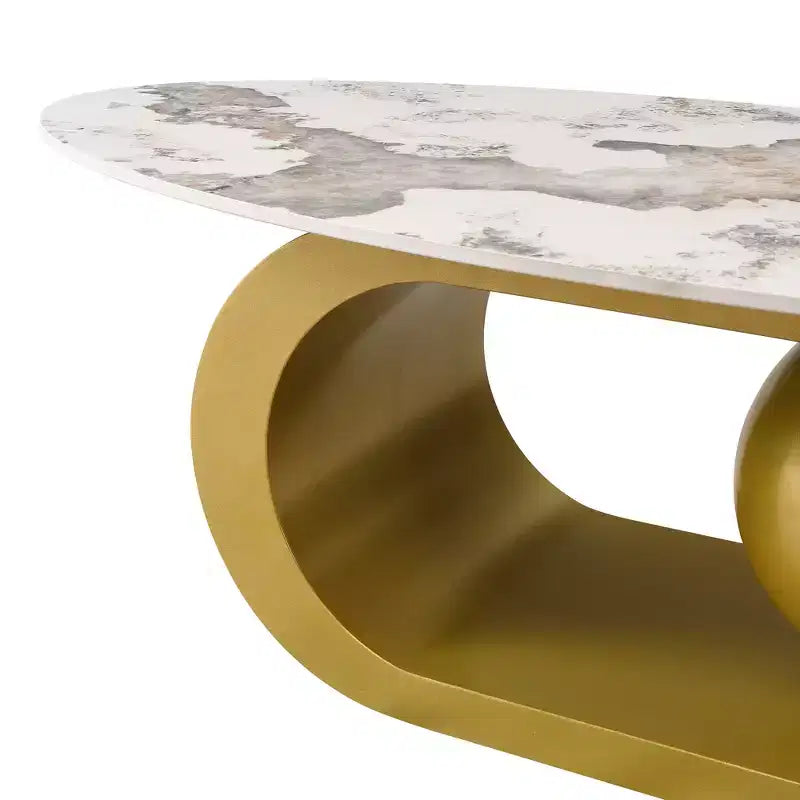Modern Oval Coffee Table, Irregular Marble Center Table with Gold Steel Base for Living Room
