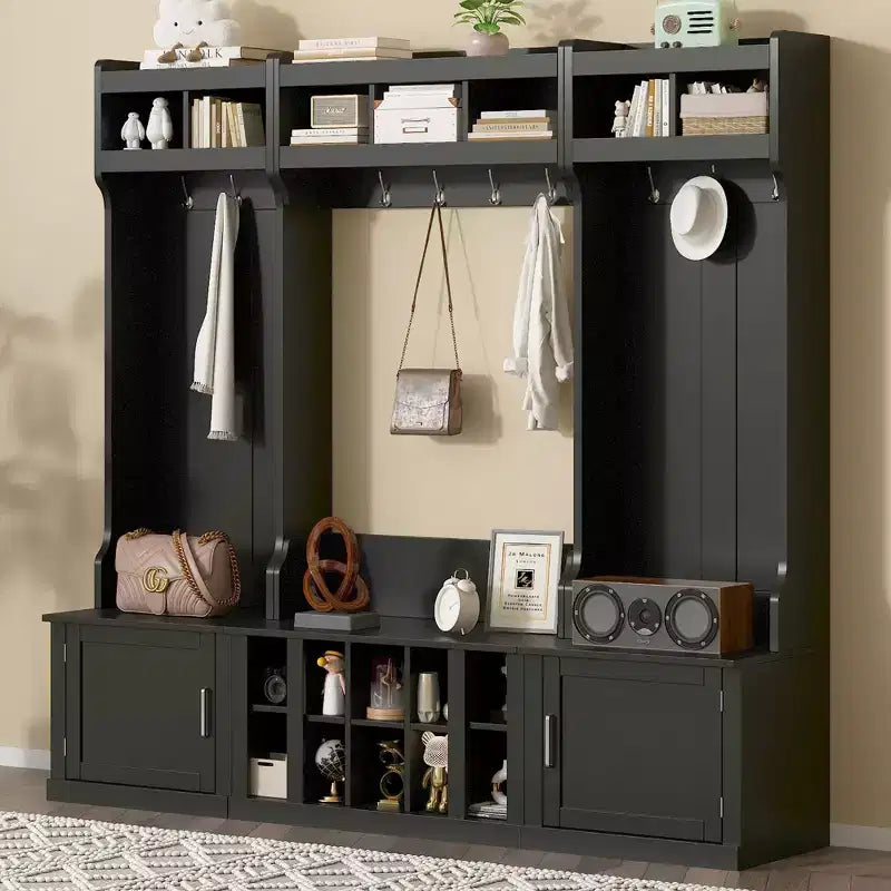 4-IN-1 Wide Hall Tree with Entryway Bench and Shoe Cubbies, Coat Rack with Storage Shelves and 10 Hooks, Black