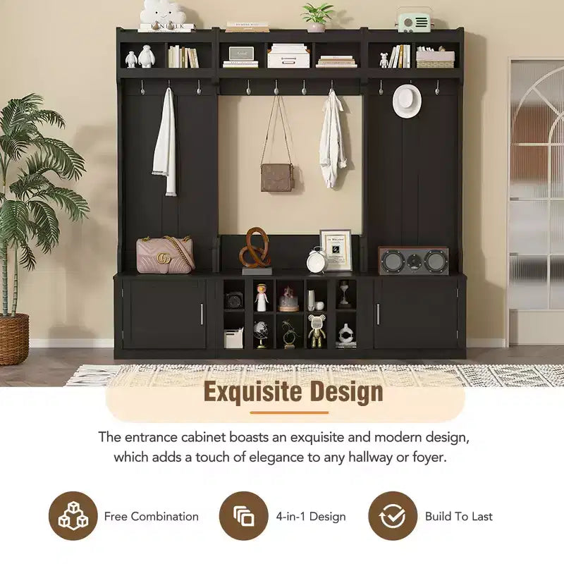 4-IN-1 Wide Hall Tree with Entryway Bench and Shoe Cubbies, Coat Rack with Storage Shelves and 10 Hooks, Black