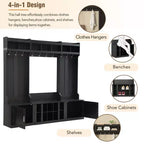 4-IN-1 Wide Hall Tree with Entryway Bench and Shoe Cubbies, Coat Rack with Storage Shelves and 10 Hooks, Black