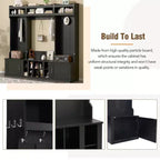 4-IN-1 Wide Hall Tree with Entryway Bench and Shoe Cubbies, Coat Rack with Storage Shelves and 10 Hooks, Black