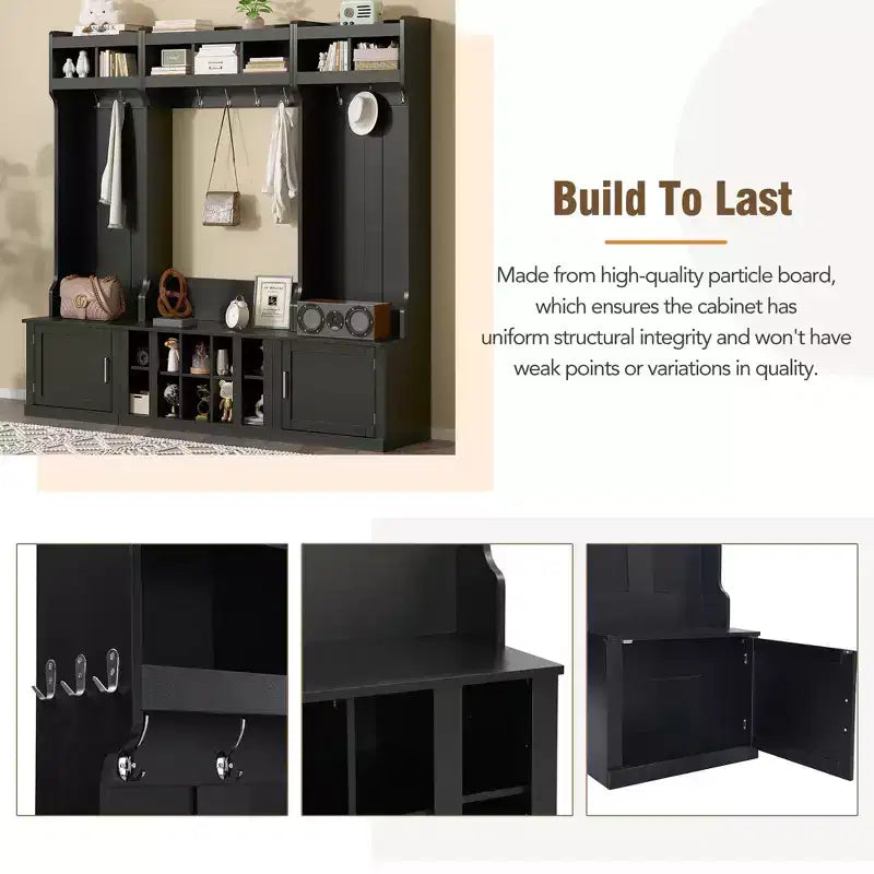 4-IN-1 Wide Hall Tree with Entryway Bench and Shoe Cubbies, Coat Rack with Storage Shelves and 10 Hooks, Black