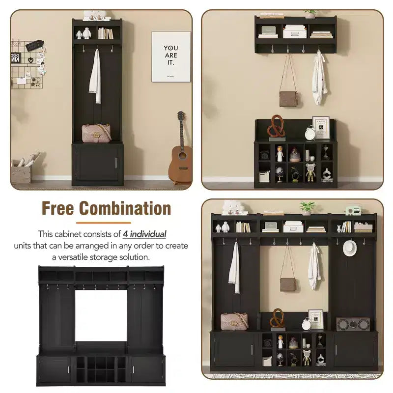 4-IN-1 Wide Hall Tree with Entryway Bench and Shoe Cubbies, Coat Rack with Storage Shelves and 10 Hooks, Black