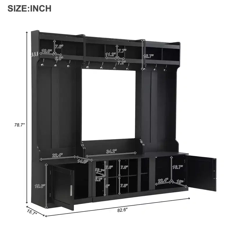 4-IN-1 Wide Hall Tree with Entryway Bench and Shoe Cubbies, Coat Rack with Storage Shelves and 10 Hooks, Black