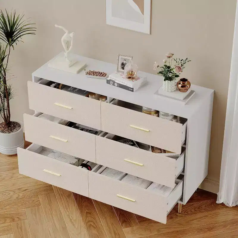 6 Drawer Dresser, Modern White Chest of Drawers with Gold Metal Legs and Handles, Large Double Wooden Dresser for Bedroom, Living room Office