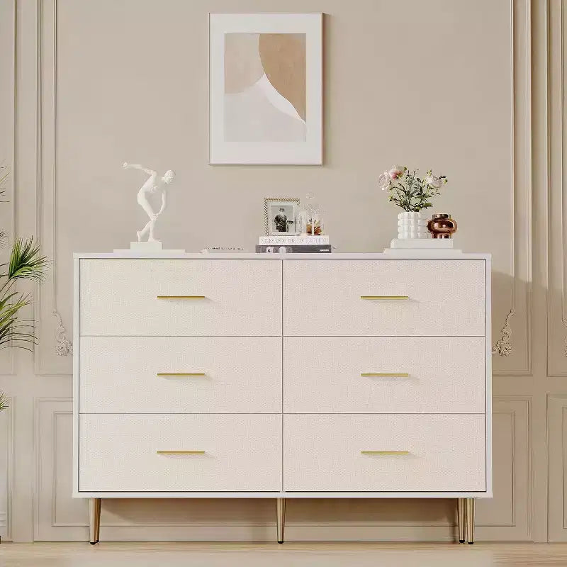 6 Drawer Dresser, Modern White Chest of Drawers with Gold Metal Legs and Handles, Large Double Wooden Dresser for Bedroom, Living room Office