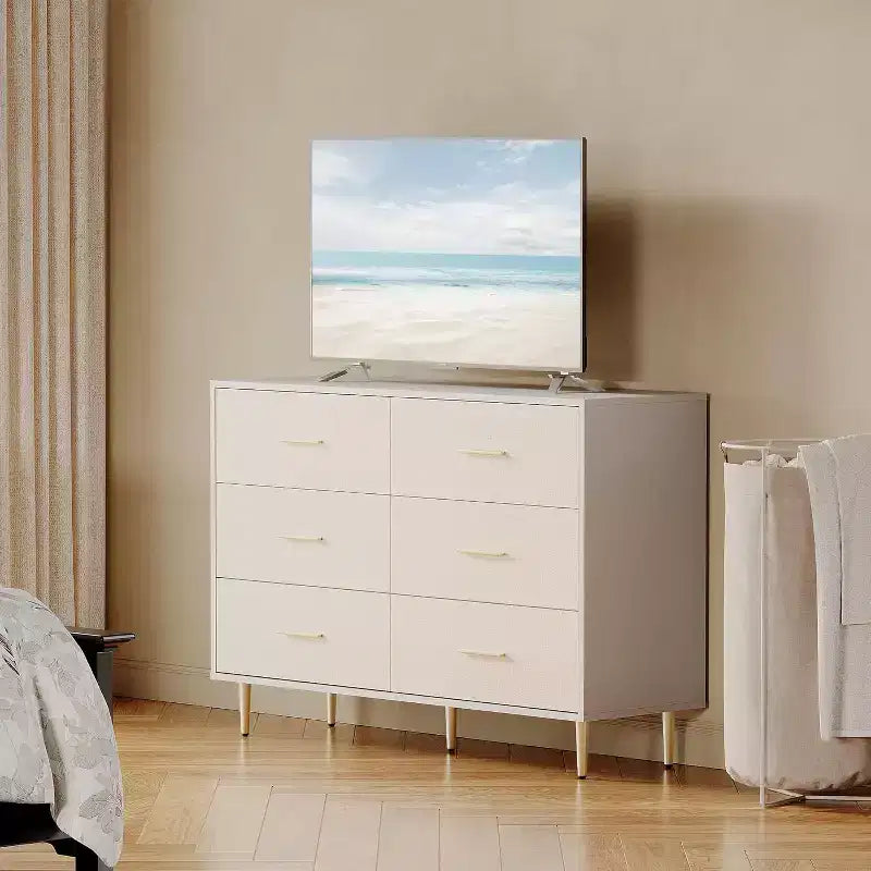 6 Drawer Dresser, Modern White Chest of Drawers with Gold Metal Legs and Handles, Large Double Wooden Dresser for Bedroom, Living room Office