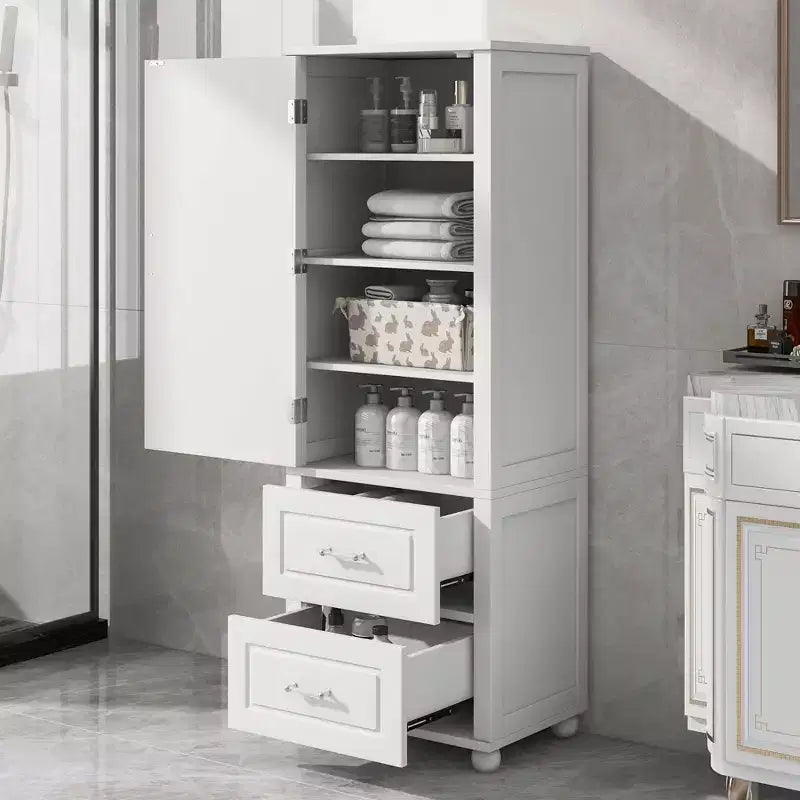 Tall Bathroom Cabinet Freestanding, 2 Drawers, Adjustable Shelf, MDF, Painted White