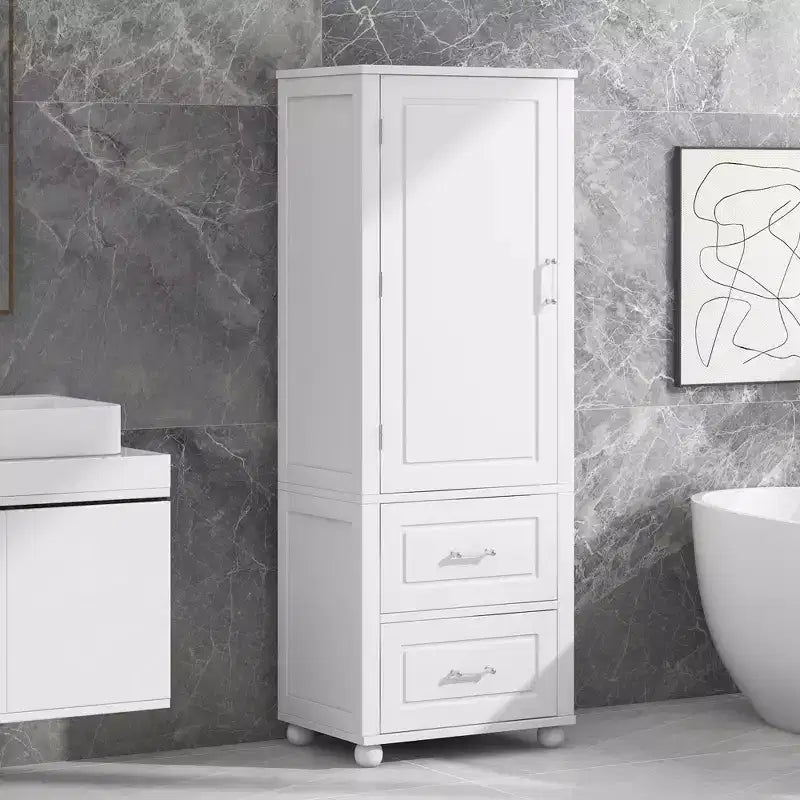 Tall Bathroom Cabinet Freestanding, 2 Drawers, Adjustable Shelf, MDF, Painted White