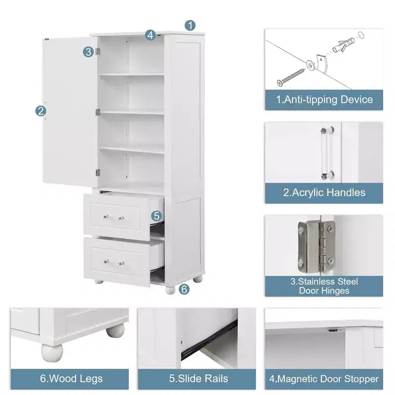 Tall Bathroom Cabinet Freestanding, 2 Drawers, Adjustable Shelf, MDF, Painted White