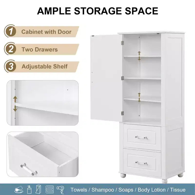 Tall Bathroom Cabinet Freestanding, 2 Drawers, Adjustable Shelf, MDF, Painted White