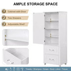 Tall Bathroom Cabinet Freestanding, 2 Drawers, Adjustable Shelf, MDF, Painted White