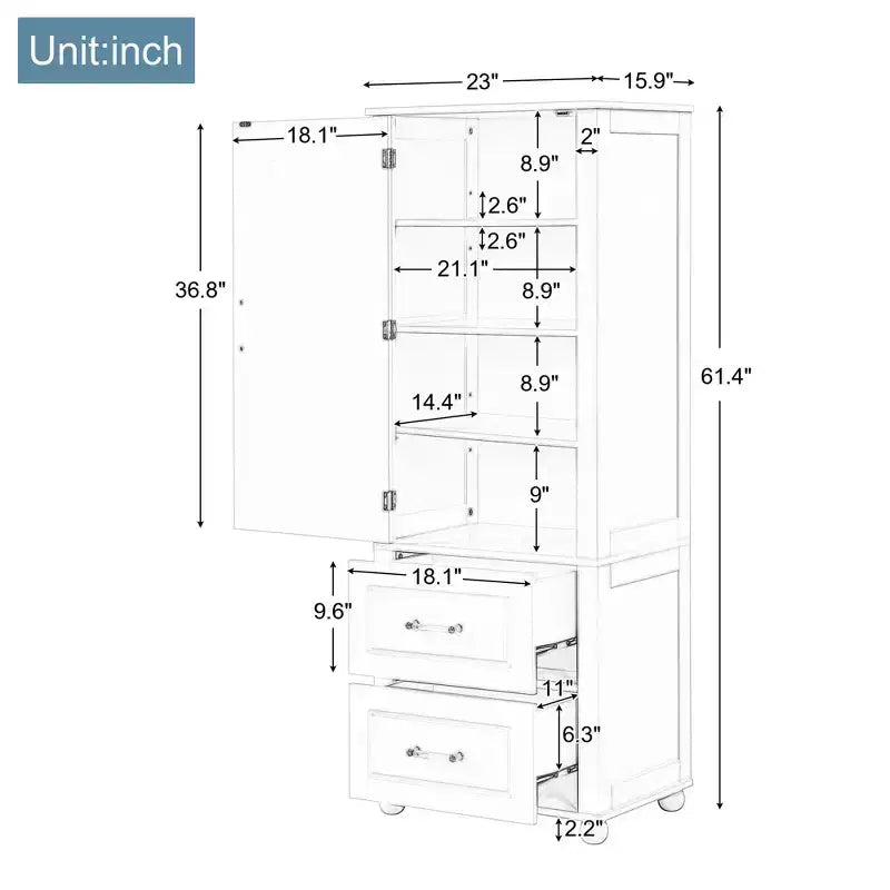 Tall Bathroom Cabinet Freestanding, 2 Drawers, Adjustable Shelf, MDF, Painted White