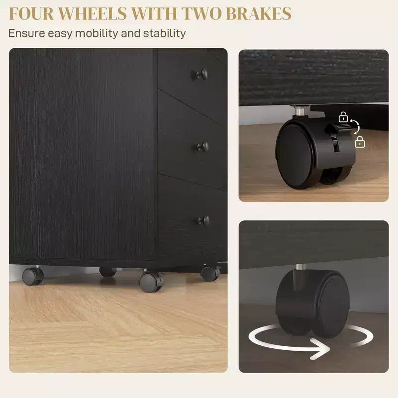 3 Drawer File Cabinet on Wheels Mobile Home Office Storage Cabinet with Top Tray Under Desk Printer Stand