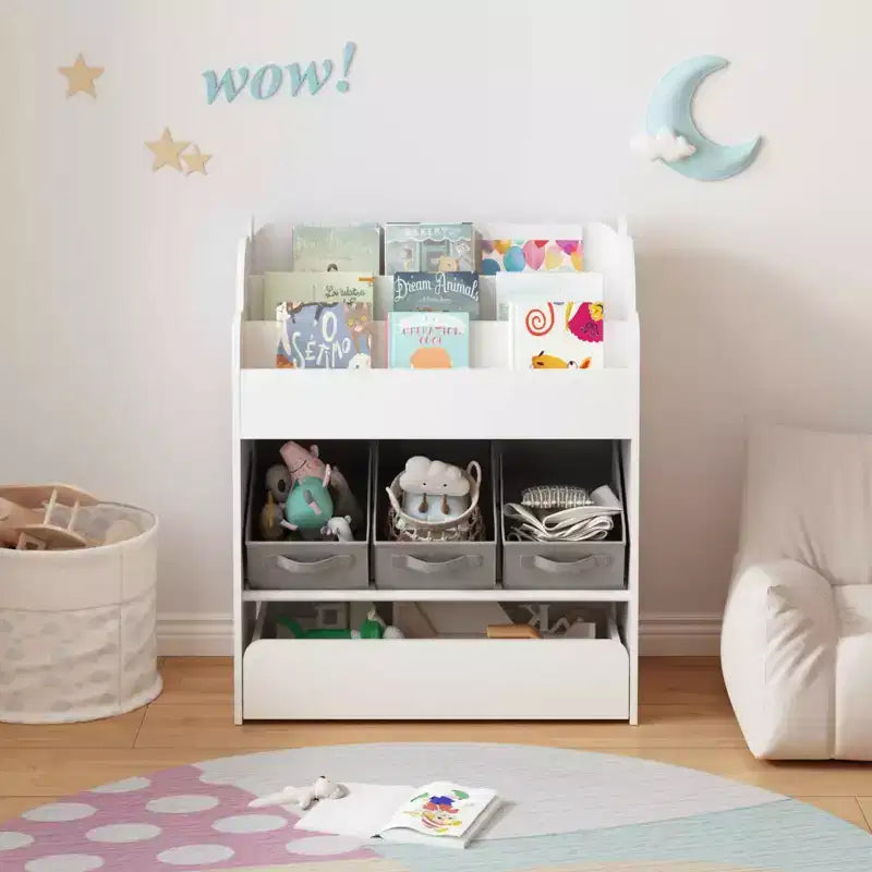 Bookshelf with Storage Bins and Drawer, Multifunctional Wooden Book Organizer for Toddlers, Living Room, White