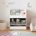 Bookshelf with Storage Bins and Drawer, Multifunctional Wooden Book Organizer for Toddlers, Living Room, White