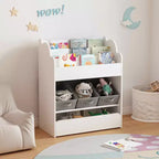 Bookshelf with Storage Bins and Drawer, Multifunctional Wooden Book Organizer for Toddlers, Living Room, White