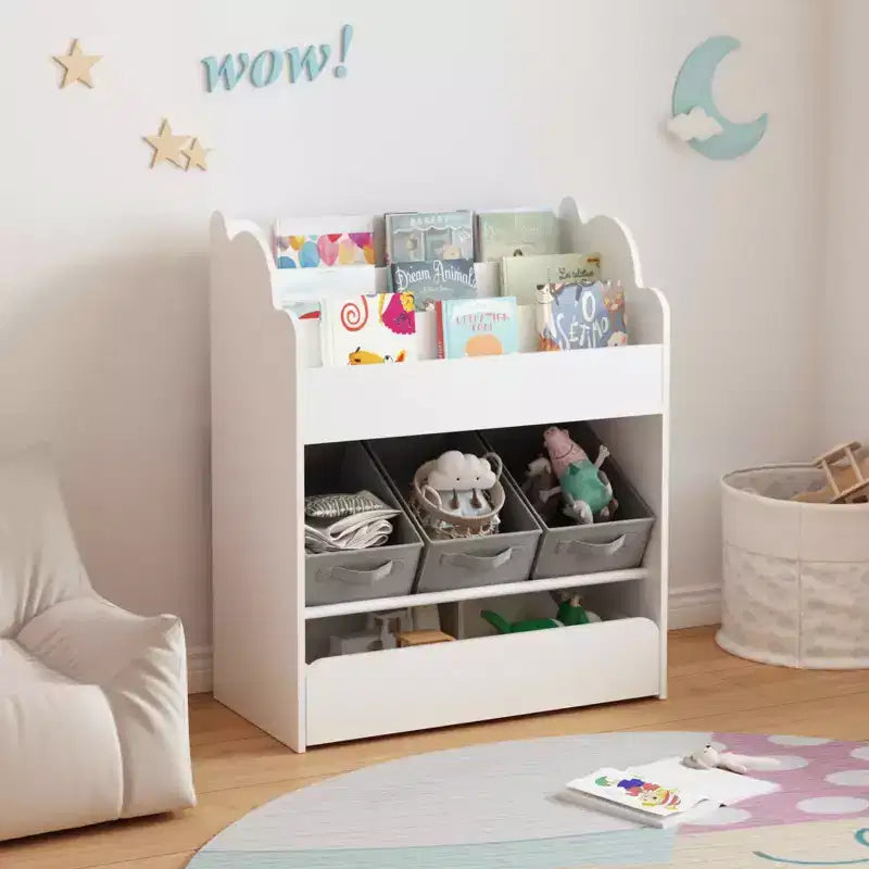 Bookshelf with Storage Bins and Drawer, Multifunctional Wooden Book Organizer for Toddlers, Living Room, White