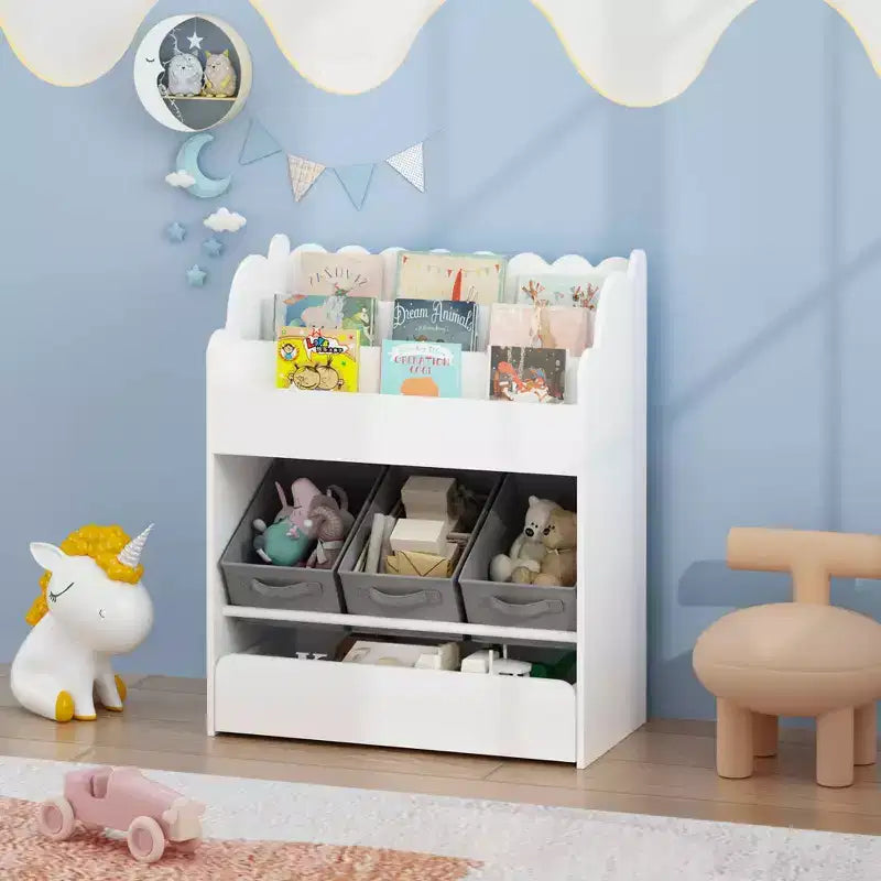 Bookshelf with Storage Bins and Drawer, Multifunctional Wooden Book Organizer for Toddlers, Living Room, White