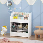 Bookshelf with Storage Bins and Drawer, Multifunctional Wooden Book Organizer for Toddlers, Living Room, White