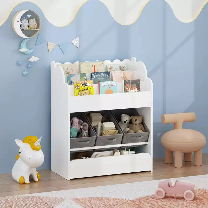 Bookshelf with Storage Bins and Drawer, Multifunctional Wooden Book Organizer for Toddlers, Living Room, White