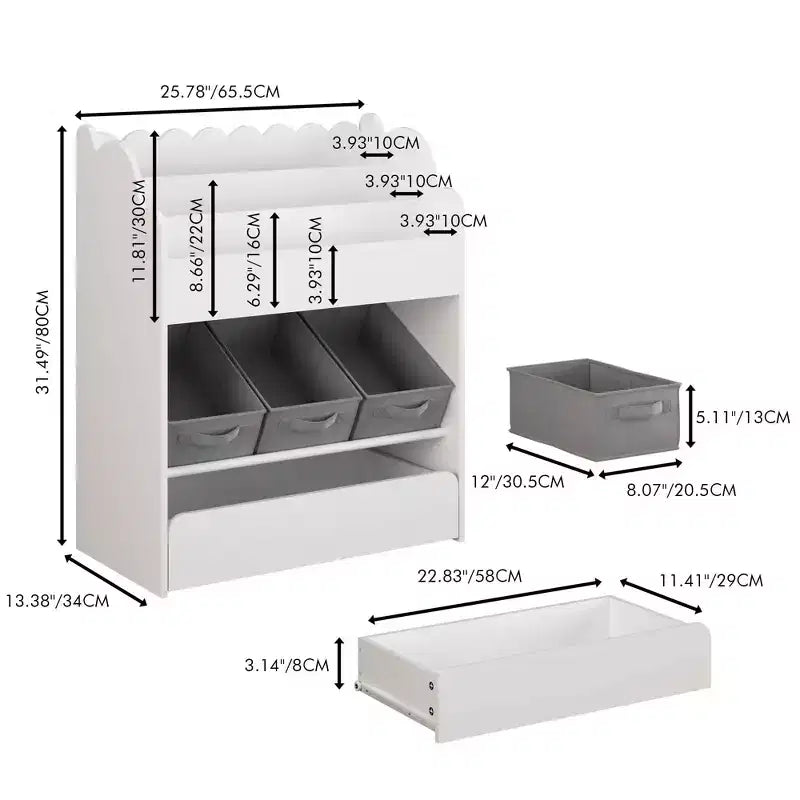 Bookshelf with Storage Bins and Drawer, Multifunctional Wooden Book Organizer for Toddlers, Living Room, White