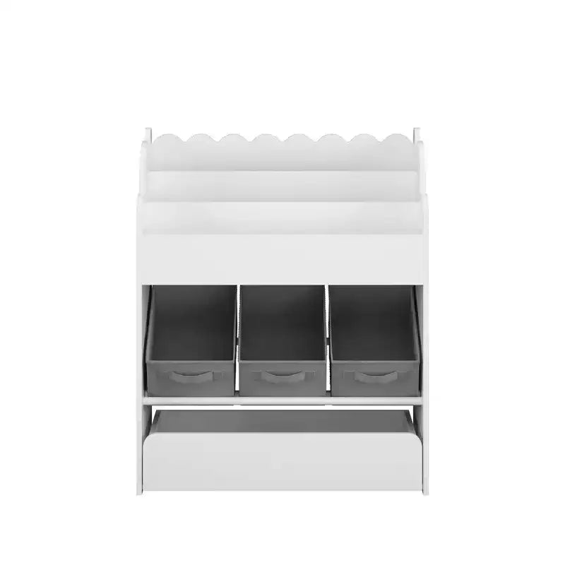Bookshelf with Storage Bins and Drawer, Multifunctional Wooden Book Organizer for Toddlers, Living Room, White