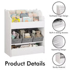 Bookshelf with Storage Bins and Drawer, Multifunctional Wooden Book Organizer for Toddlers, Living Room, White