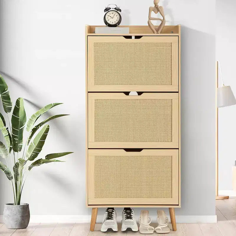 3-Drawer Slim Shoe Cabinet with Woven Rattan Front, 52.9Space-Saving 6-Tier Storage Organizer Bench for Entryway, Hallway & Porch