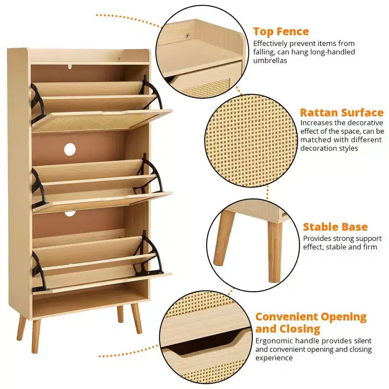 3-Drawer Slim Shoe Cabinet with Woven Rattan Front, 52.9Space-Saving 6-Tier Storage Organizer Bench for Entryway, Hallway & Porch