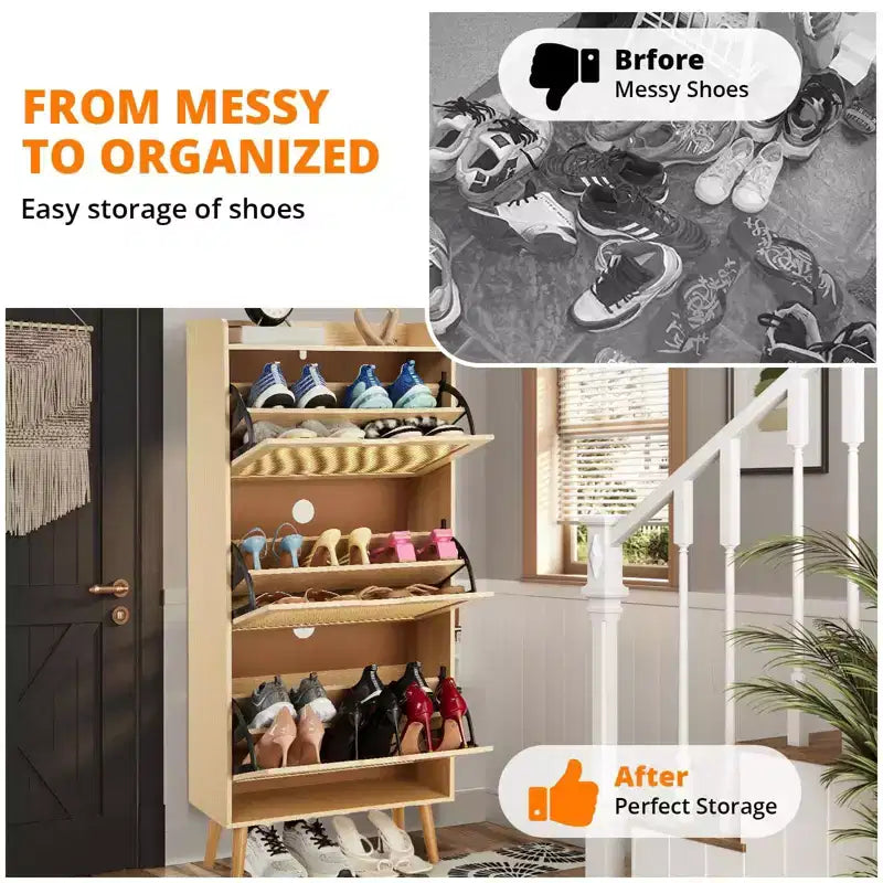 3-Drawer Slim Shoe Cabinet with Woven Rattan Front, 52.9Space-Saving 6-Tier Storage Organizer Bench for Entryway, Hallway & Porch