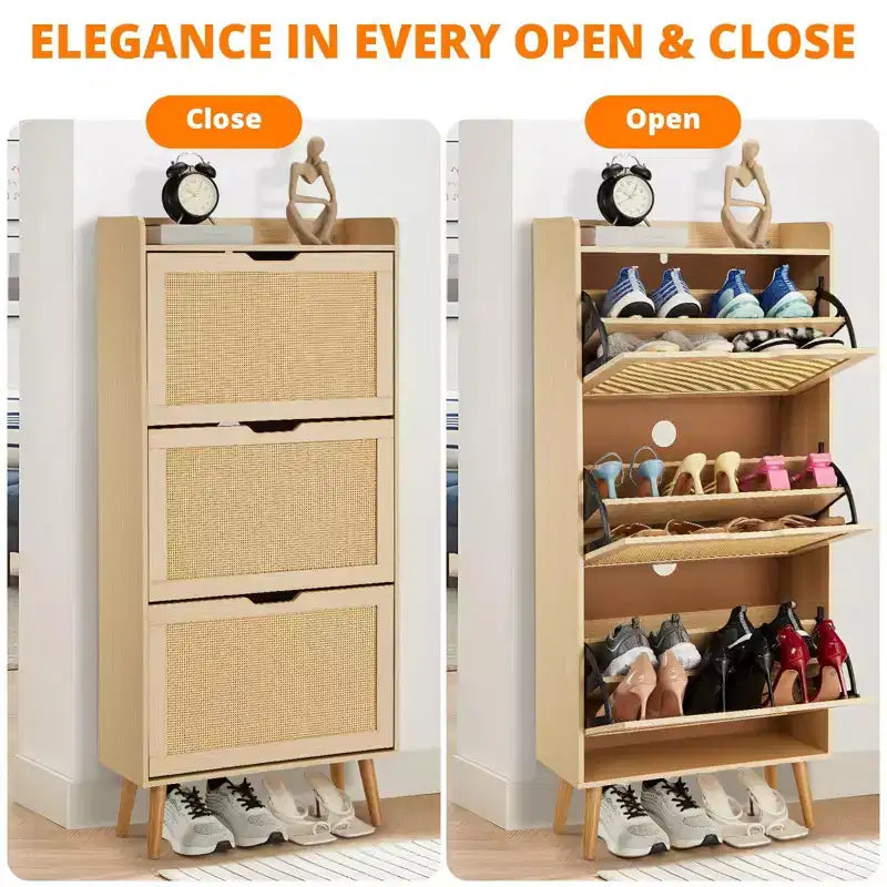 3-Drawer Slim Shoe Cabinet with Woven Rattan Front, 52.9Space-Saving 6-Tier Storage Organizer Bench for Entryway, Hallway & Porch