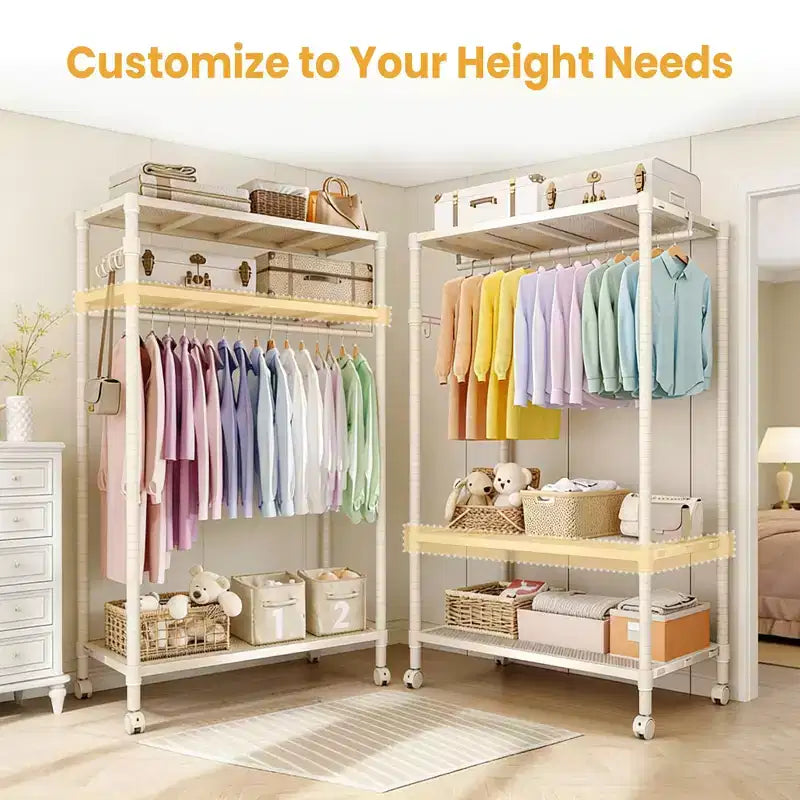 Heavy Duty Rolling Clothes Rack with Wheels, Freestanding Metal Garment Rack with Adjustable Shelves, Gray