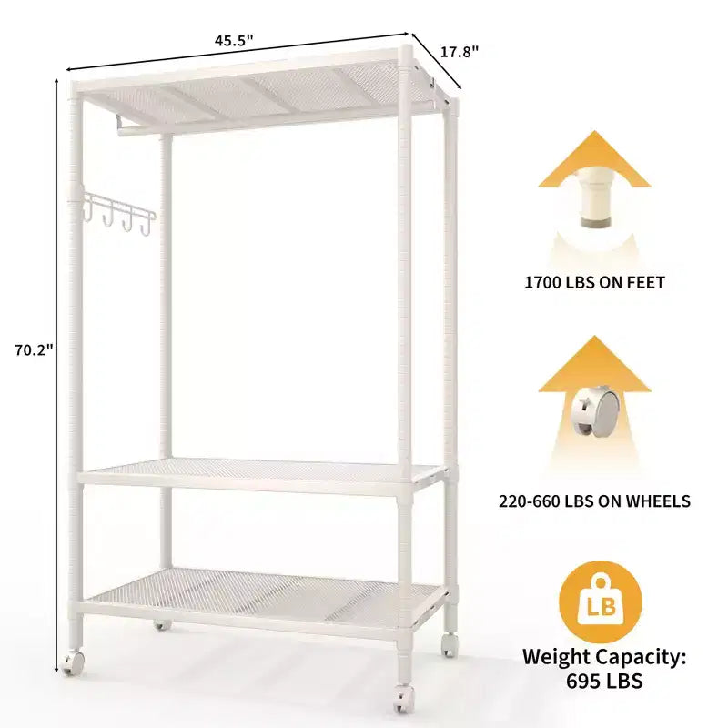 Heavy Duty Rolling Clothes Rack with Wheels, Freestanding Metal Garment Rack with Adjustable Shelves, Gray
