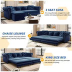 89" Velvet 3 Seat Sofa with Movable Ottoman, 3-in-1 Pull Out Sofa Bed, King Size, Blue