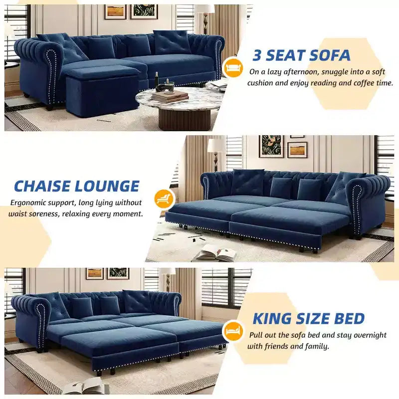 89" Velvet 3 Seat Sofa with Movable Ottoman, 3-in-1 Pull Out Sofa Bed, King Size, Blue
