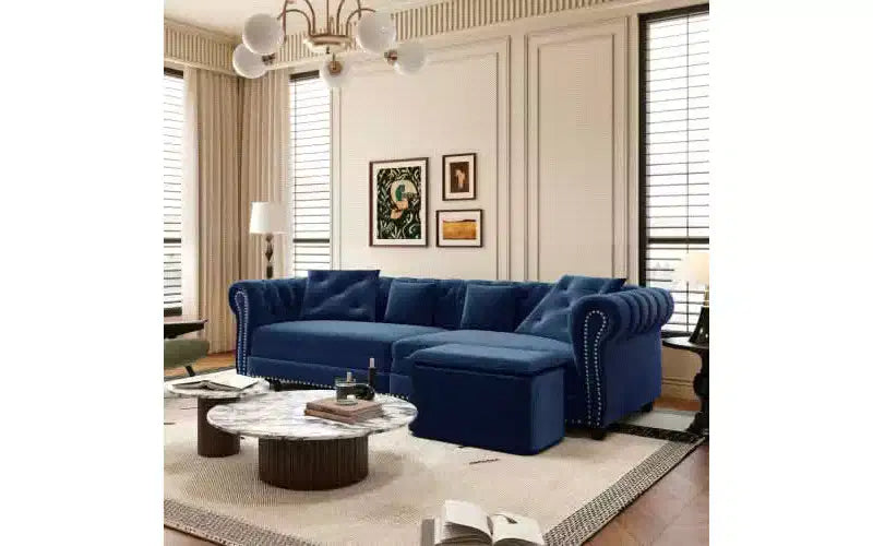 89" Velvet 3 Seat Sofa with Movable Ottoman, 3-in-1 Pull Out Sofa Bed, King Size, Blue